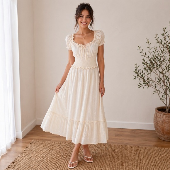 Old Navy Dresses & Skirts - Old Navy Cream Clip Dot Smocked Waist Maxi Dress Cottagecore Boho Prairie SZ L